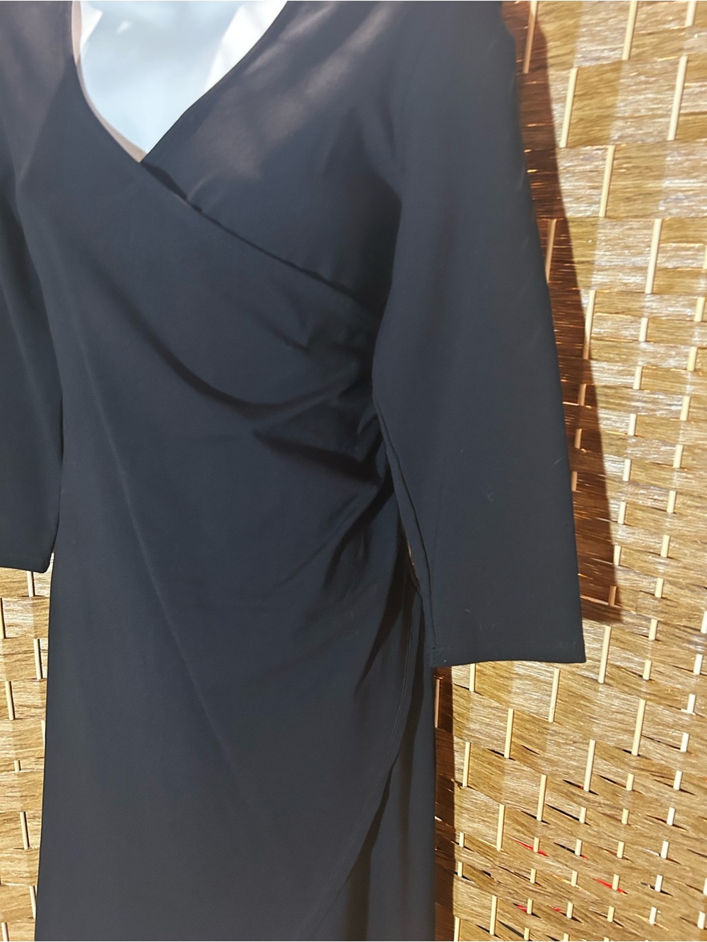 Black Faux Wrap Midi Dress 3/4 Sleeve Stretch Work Travel Habitat Sz Medium